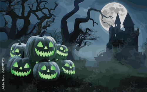 Eerie moonlit Halloween night featuring a cluster of glowing carved pumpkins and an ancient, foreboding castle, perfect for seasonal designs