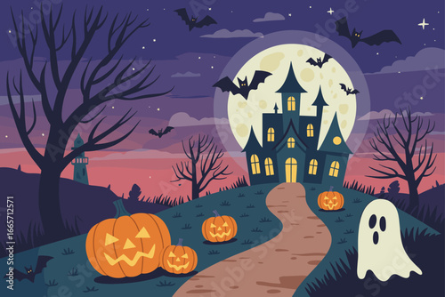 A spooky Halloween night scene with a haunted house on a hill, pumpkins, bats, ghosts, a full moon, and a winding path leading to the eerie mansion under a starry night sky