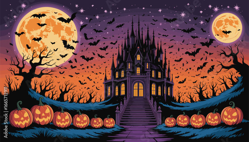 A spooky Halloween landscape illustration featuring a dark gothic castle, a pathway lined with glowing jack-o'-lanterns, and bats flying in the night sky
