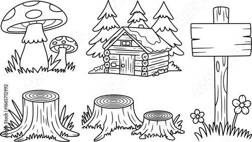 A charming collection of hand-drawn forest elements in black and white line art, featuring a log cabin, mushrooms, tree stumps, and a sign
