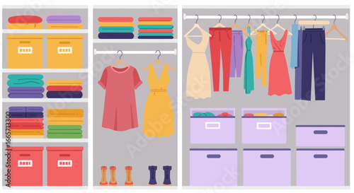Organized Closet with Clothes, Boxes, and Shelves in a Neat Arrangement