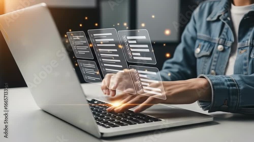 Hands type rapidly on a laptop keyboard Glowing code floats above the screen showing advanced technological expertise digital skills and a focused workspace