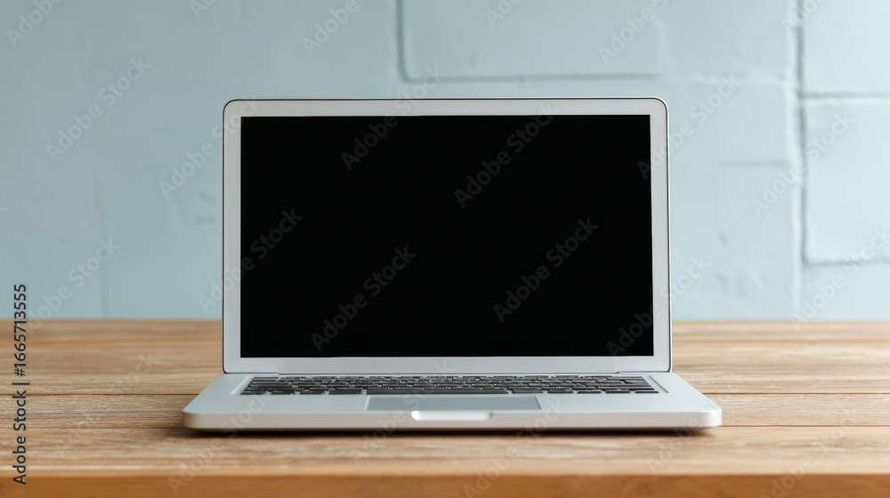 Fototapeta premium Laptop on wooden desk home office setup technology minimalistic straight-on view productivity