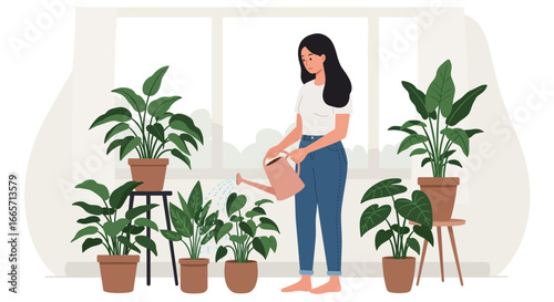 Woman Watering Indoor Plants with Watering Can