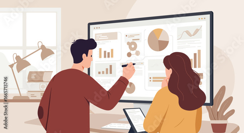 Two Professionals Analyzing Data on a Large Computer Screen