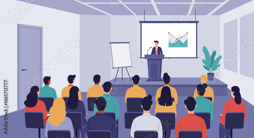 Business Presentation with Audience and Graph on Screen in a Conference Room