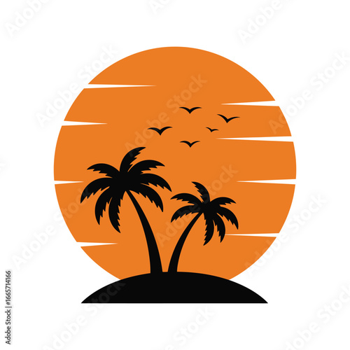Tropical sunset palm trees silhouette vector illustration beach paradise scene island getaway graphic