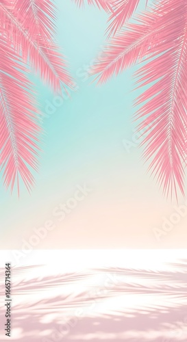 Pink Palm Fronds Over Soft Gradient Sky and Textured Surface tropical