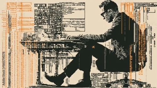 A stylized pixelated person working at a desk with computer code and technical schematics,