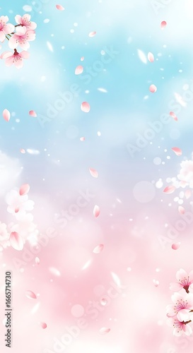Pink Cherry Blossoms Falling Against Soft Blue and Pink Sky sakura flowers