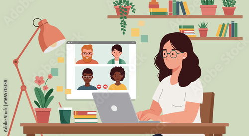 Woman Attending a Virtual Meeting on Laptop at Home