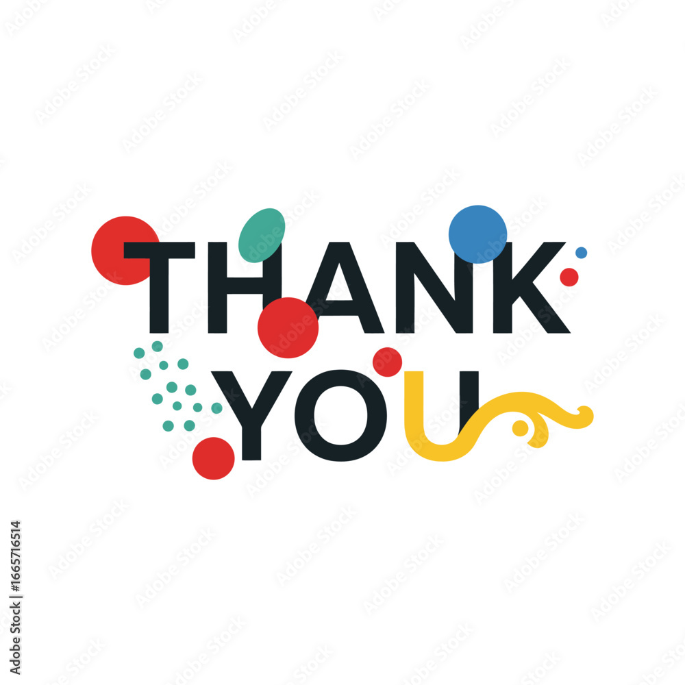 Fototapeta premium Colorful thank you typography with abstract shapes and dots celebration message
