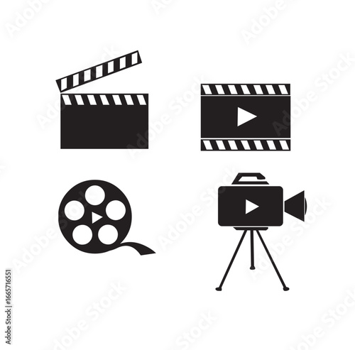 Film and Video Production Icons – Clapperboard, Camera, Film Reel, and Play Button Vector
