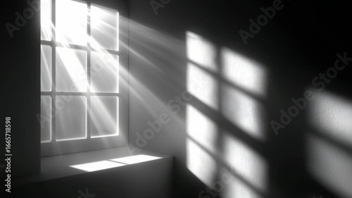 Bright sunlight filters through a window, casting intricate shadows on the wall in a peaceful room during the late afternoon. The contrast highlights the serene atmosphere