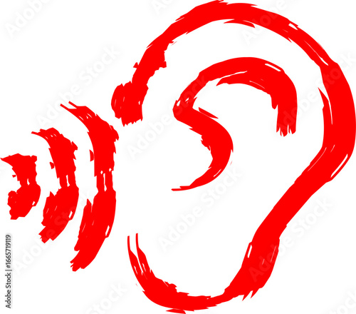 Abstract red ear illustration with sound waves, symbolizing hearing, listening, audio communication, and sound technology in a modern artistic style.