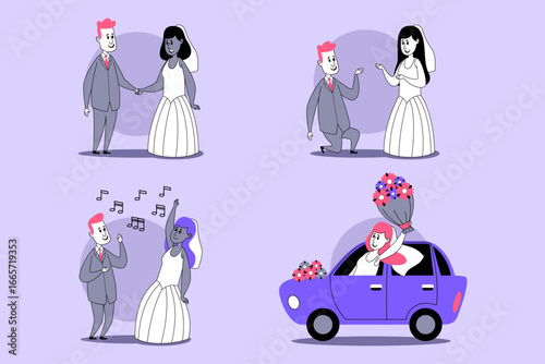 Collection of various joyful moments during wedding celebration, highlighting couples love and traditions associated with marriage