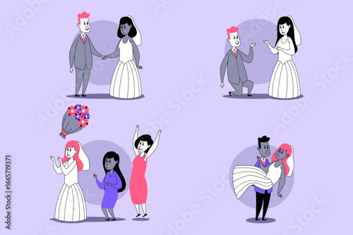 Whimsical illustration of key moments of marriage celebration, including engagement, brides with flowers, and joyful friends. Love and happiness concept