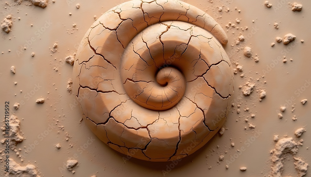 Obraz premium Handcrafted clay spiral design with visible cracks, uneven surface, and natural tones, symbolizing earth, tradition, and handmade artistry.
