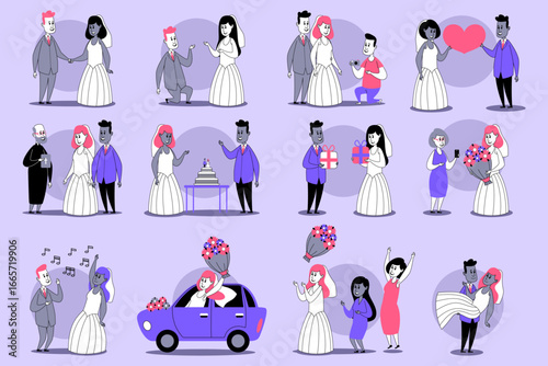 Vibrant collection of various moments of marriage celebration, featuring couples, gifts, and joyful participants. Love and merriment concept