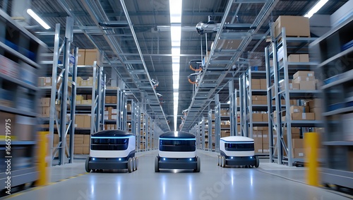 Autonomous robots navigating a modern warehouse aisle
