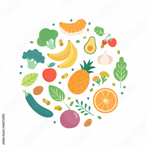 Healthy Eating A Vibrant Circular Arrangement of Fruits, Vegetables, and Nutritious Foods