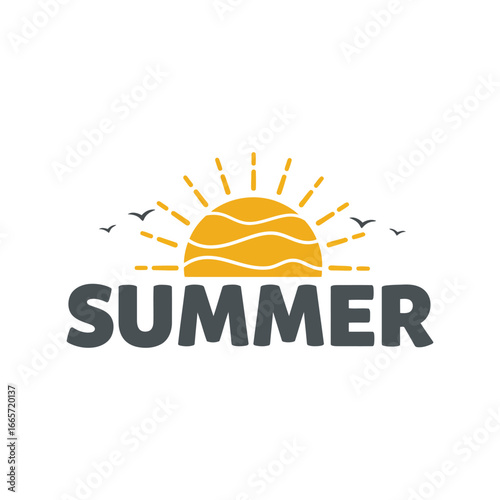 Summer sun and text warm weather vacation travel beach ocean waves birds clouds bright sunny seasonal holiday leisure outdoor graphic