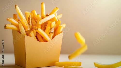 Enjoy a delightful serving of crispy golden French fries in a takeout box. Perfect for snacking or sharing, these tasty fries are a beloved treat at any casual dining spot