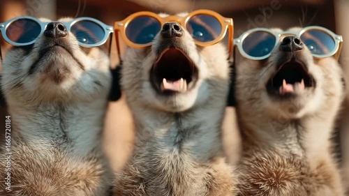 Bright sunlight shines on three meerkats sporting orange sunglasses. They stand together, showcasing their playful expressions while surrounded by a lively wildlife reserve atmosphere