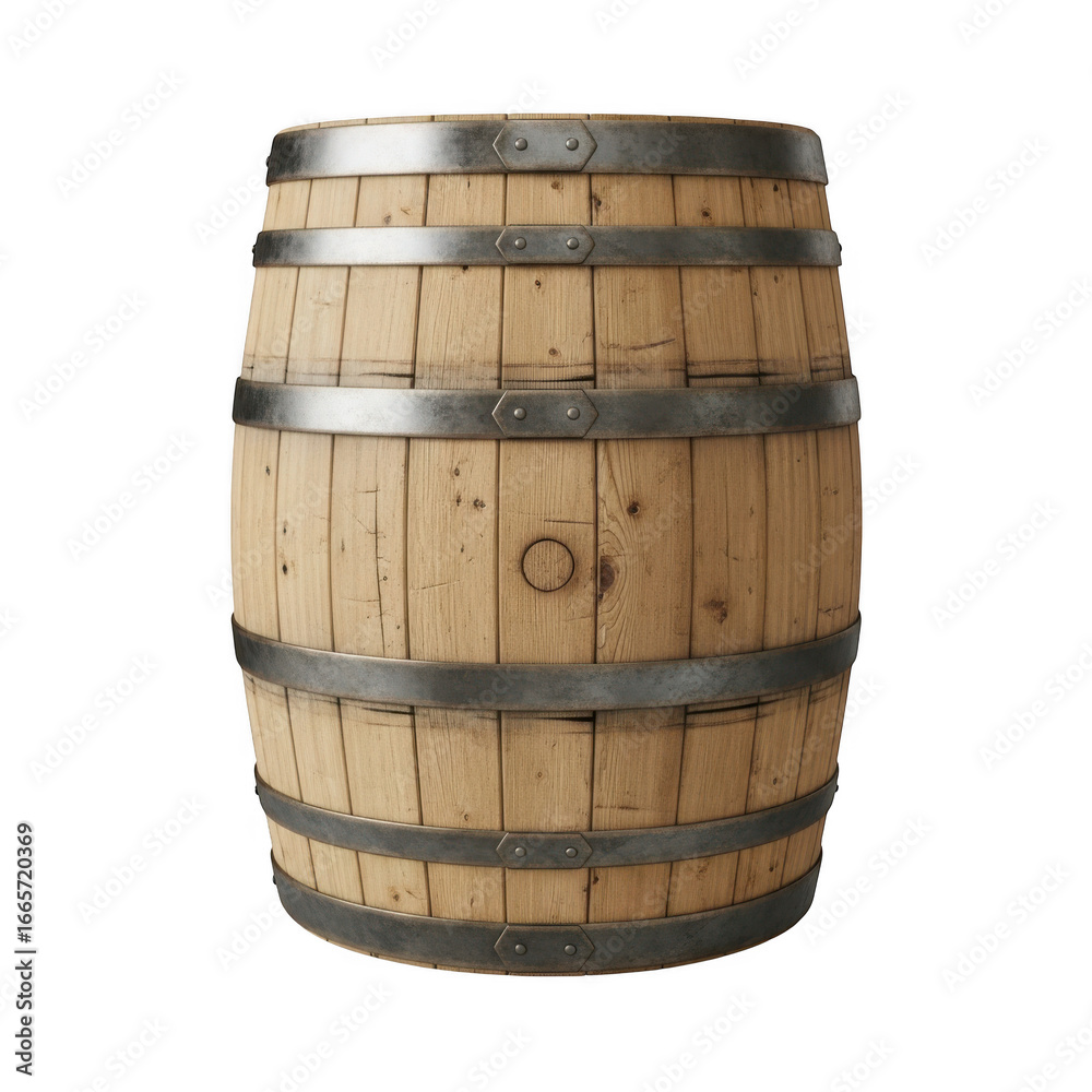 Fototapeta premium Wooden barrel with metal hoops isolated on transparent background