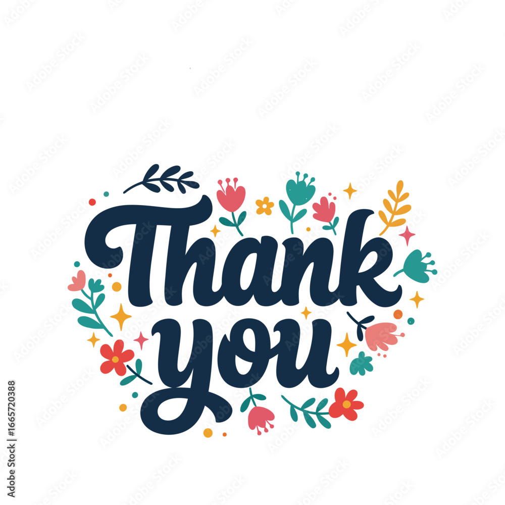Fototapeta premium Floral thank you typography with botanical elements hand drawn script art