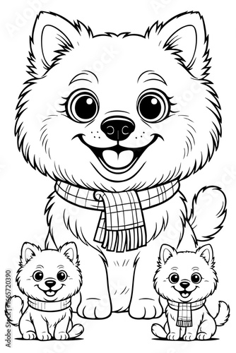 Fluffy Dog Family Cartoon Line Art Illustration with Puppies – Cute Black and White Coloring Page for Kids