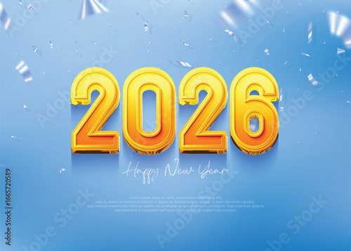 2026 new year background, yellow 3d numbers on bright blue background. A beautiful design for a 2026 New Year calendar, poster and greeting card design.