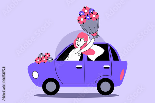 Cheerful bride driving in decorated car, joyfully waving bouquet of flowers. Vehicle adorned with floral arrangements for special marriage celebration