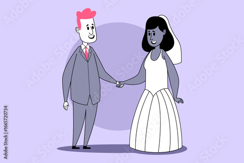 Joyful couple standing together, holding hands in beautiful wedding ceremony. Bride wearing white dress and veil, while groom wearing grey suit, both smiling warmly