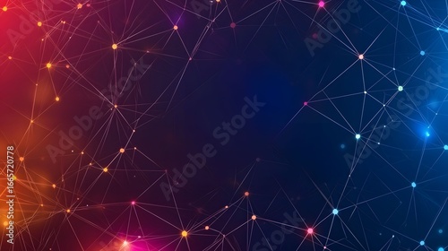 The image features a network of interconnected nodes and lines against a gradient background, blending warm red tones on the left with cool blue hues on the right.