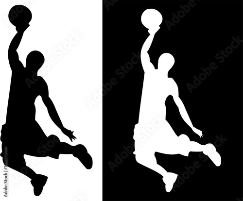 Dynamic graphic illustration of a basketball player caught mid-air, performing a powerful slam dunk. This striking silhouette embodies athleticism, determination, and the thrill of competitive sports