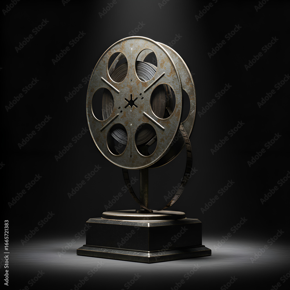 Obraz premium 3D Render of a Vintage Film Reel on a Dark Background with Shadow
