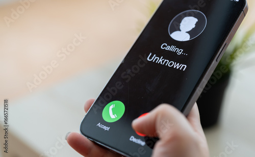 Phone scam alert with hacker and scammer calling unknown number, cybercrime, data theft, phishing attempt, fraud alert, digital security threat, cyber attack warning technology and crime concept