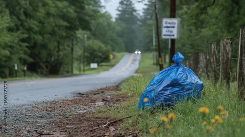 blue garbage bag lies abandoned on the grass beside a winding rural road surrounded by trees and wildflowers. This setting emphasizes the impact of litter on nature