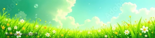 Bright green meadow, playful bubbles, soft clouds; clean, modern Frutiger aesthetic , abstract, ethereal, sky