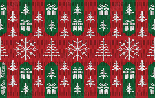 Knitted pattern seamless fabric Christmas tree. traditional knitted pattern Christmas snowflake and gift. Designed for knitted pattern ,fabric ,background ,wallpaper ,clothing ,embroidery ,textile