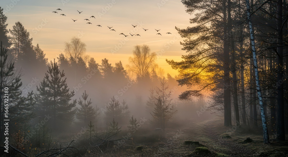 Fototapeta premium Birds Flying Over Misty Forest at Sunset with Golden Hues and Trees