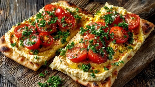 Flatbread is grilled to perfection and generously spread with smooth, creamy topping. Fresh tomato slices and vibrant herbs add flavor and color, showcasing simple yet tasty ingredients