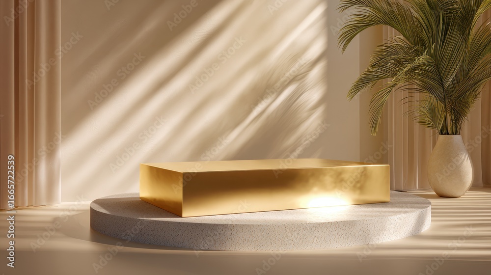 Fototapeta premium Stylish golden platform with subtle spotlight and soft ambient shadows, upscale product presentation design.