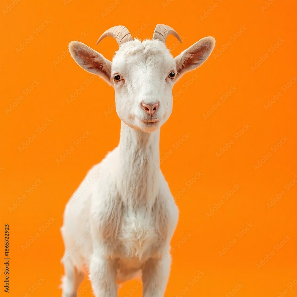 Fototapeta premium Charming White Goat Portrait Captivating Animal Photography with a Warm Orange Backdrop and Playful Horns