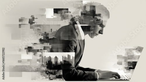 A man in a formal suit types on a keyboard with focused concentration,