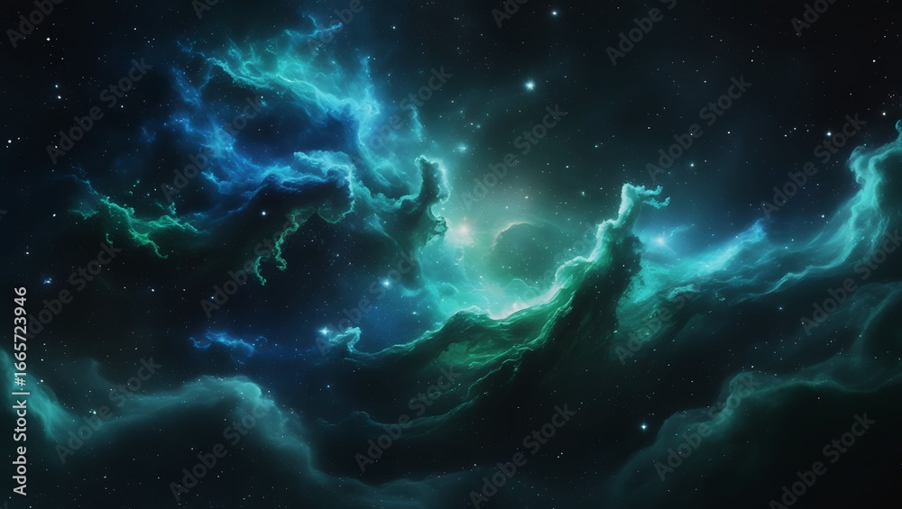Fototapeta premium Vast Blue Green Cosmic Nebula with Stars and Galaxies – Hyper-Realistic 8K Space Scene, Majestic Sci-Fi Astronomy Fantasy Artwork.