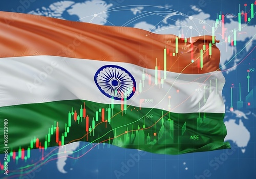Indian flag waving over global market charts
