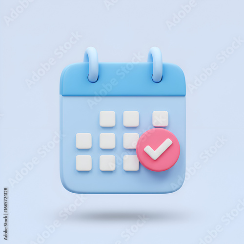 3D Rendered Blue Calendar Icon with Pink Check Mark Illustration