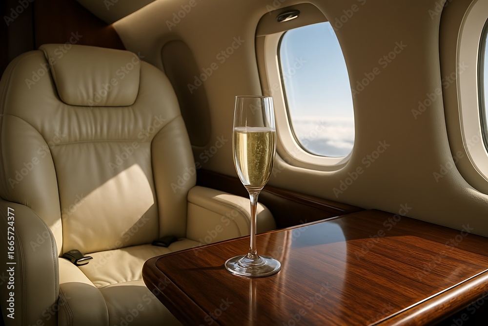 Fototapeta premium Luxurious private jet interior with champagne and sky view
